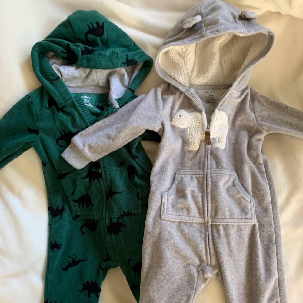 2 carters one-piece fleece outfits size 12 months